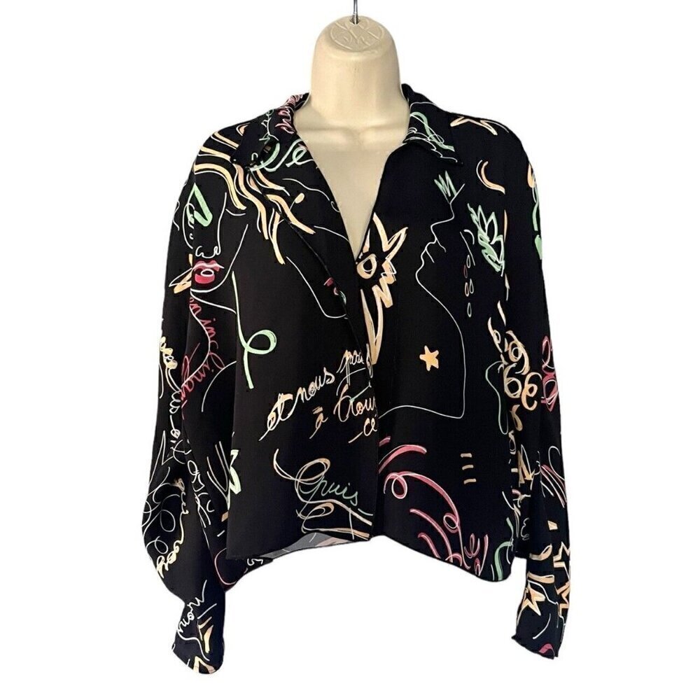 Babaton Aritzia Woman's Sz S Martin Black Graffiti Print Button Front Blouse